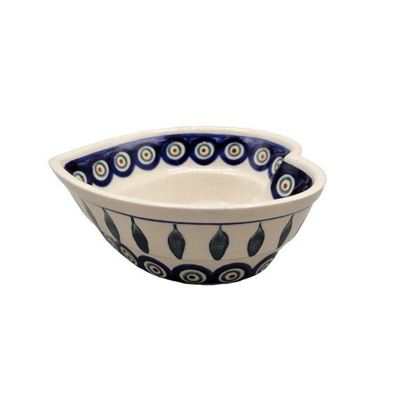 Polish Bolesawiec Pottery Peacock Pattern Heart Shaped Bowl Folk Art Blue - Picture 5 of 7